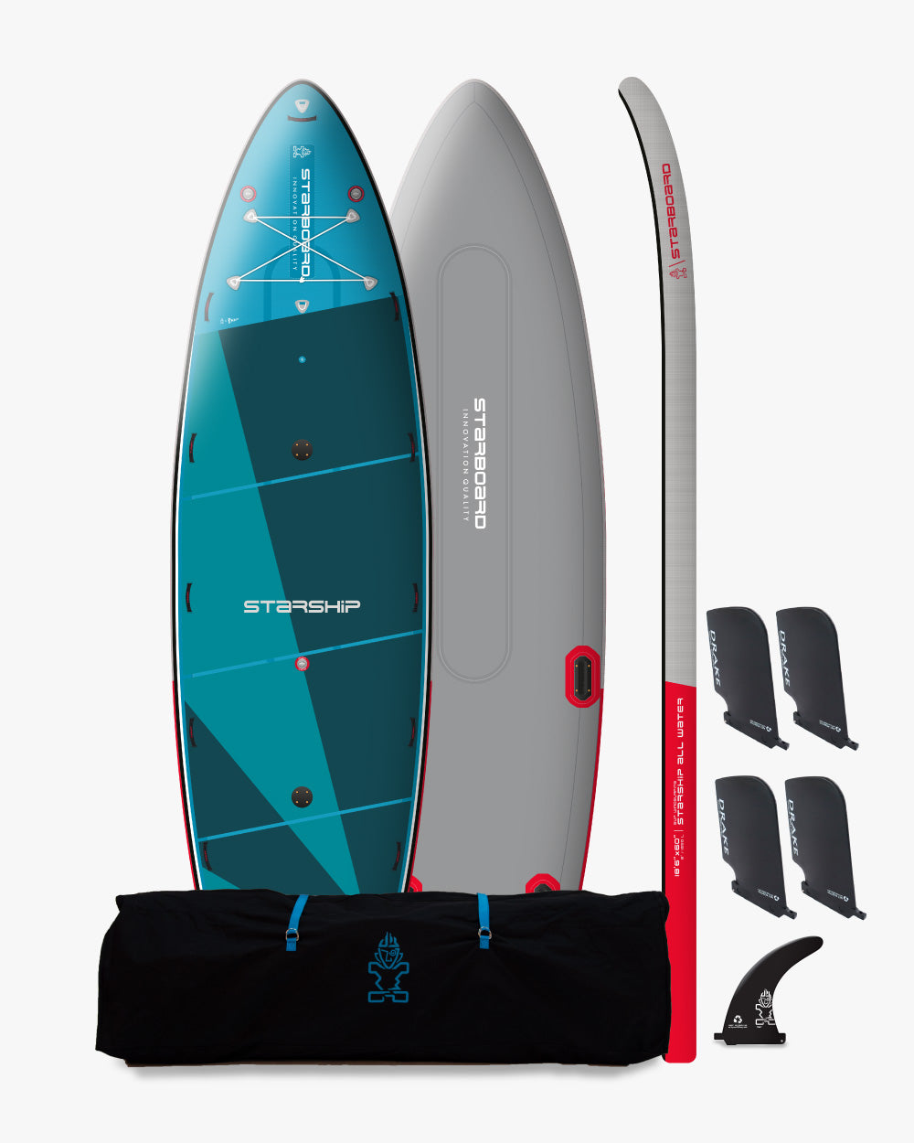 Starship Inflatable Paddle Board in teal gray with red accents and bag