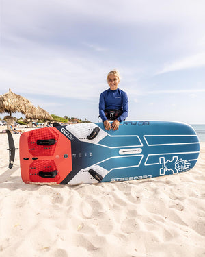 Blue and white GO-Fly Windfoil Board with red fins