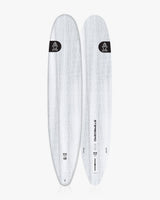 White polyurethane longboard surf with black logo and text
