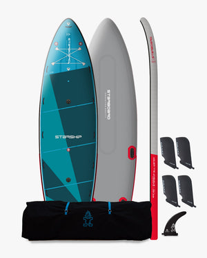 Starship Inflatable Paddle Board in teal gray with red accents and bag