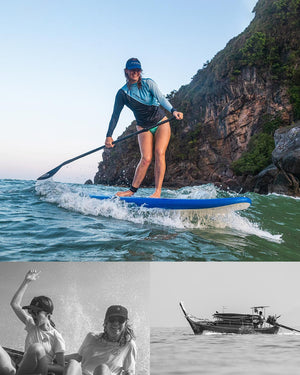 GO Paddleboard: Blue HDPE stand-up paddleboard with white design and black leash