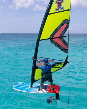 Yellow black windsurfing sail with red accents on GO-Fly Windfoil Board